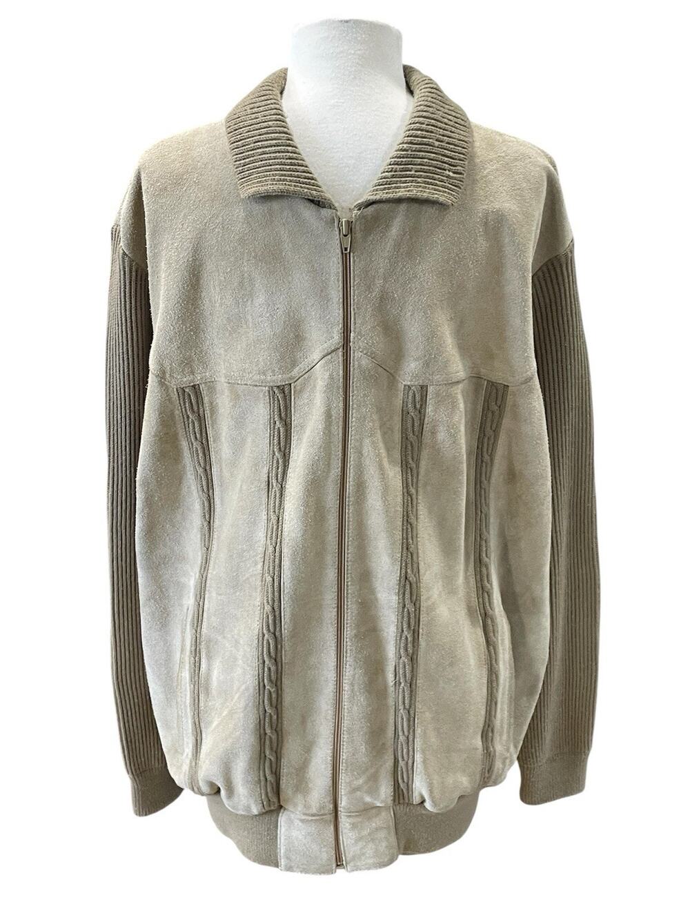 Vintage Classic Tan & Beige Leather & Knit Jacket/ Coat Women’s Size 2XL -Tall